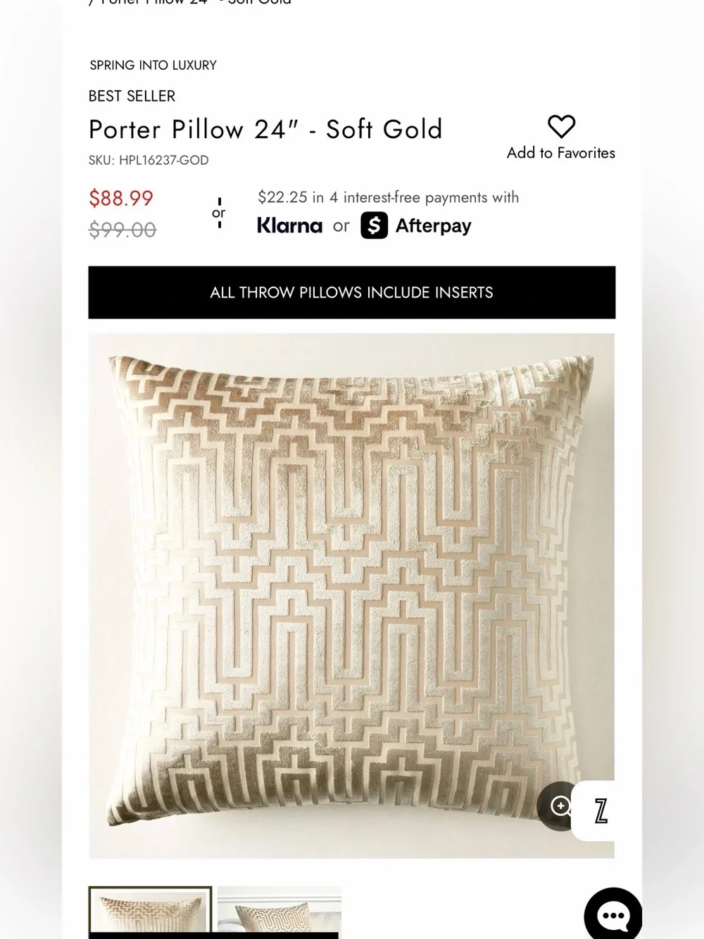 Z Gallerie Porter Pillow 24” Soft Gold Velvet Art Deco Pillow Cover